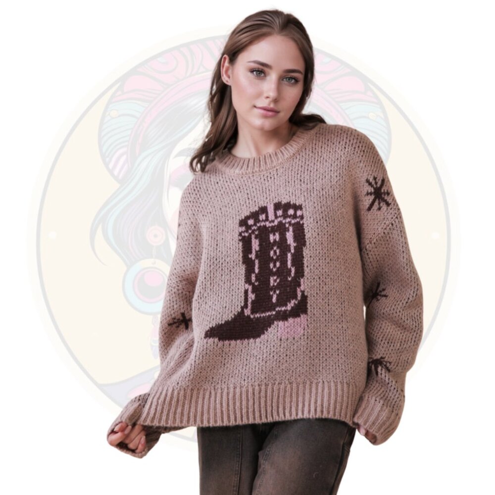 15C Cowboy Boot Graphic Howdy Knit Sweater Mocha Taupe